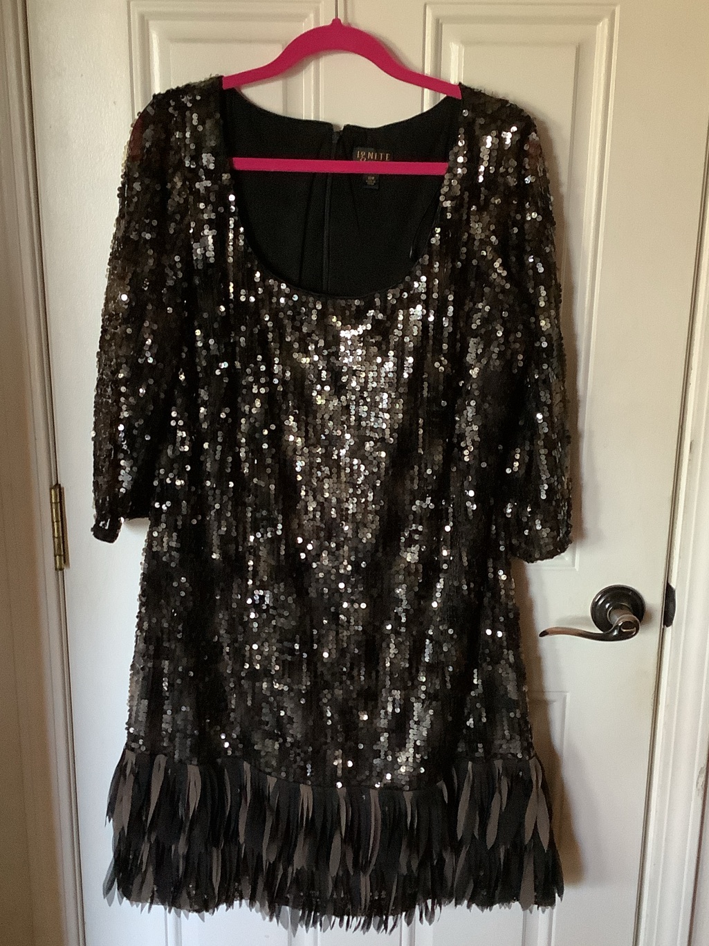 Ignite Evening Sequin Fringe Party Dress - Black & Brown